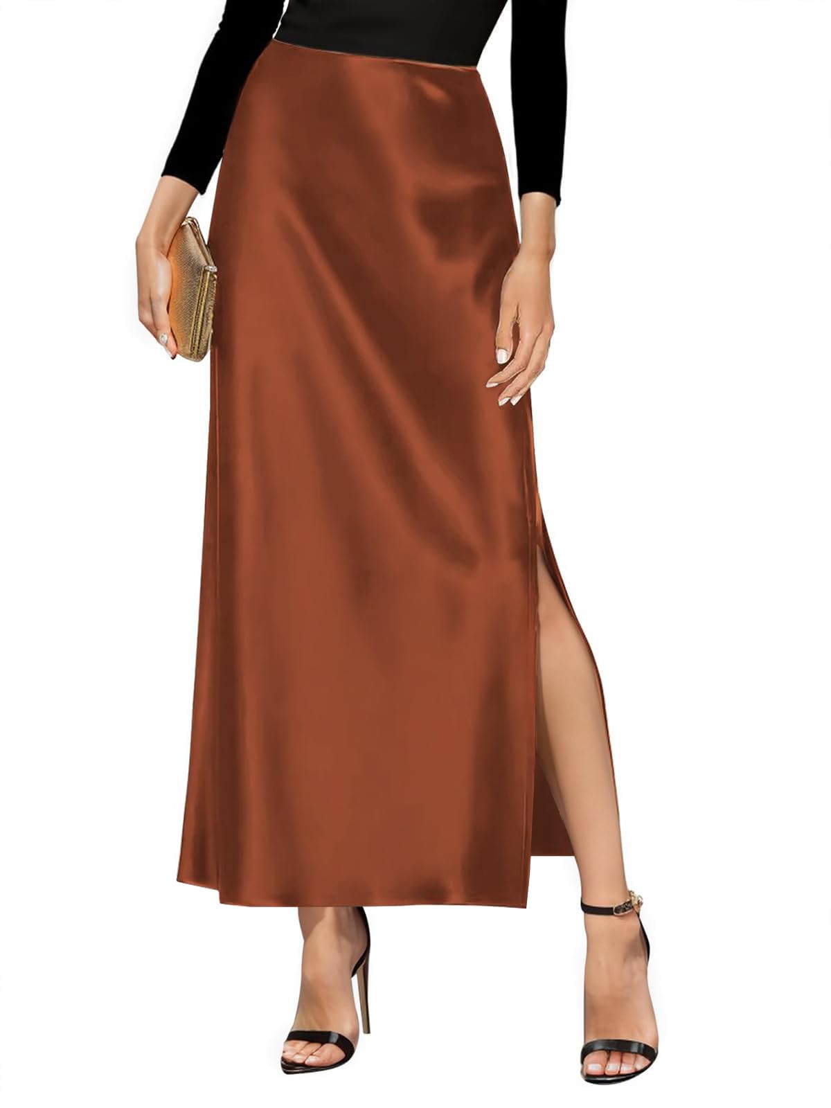 Amy Babe Women's Satin High Waisted Side Split Maxi Skirt Long Silk Skirts