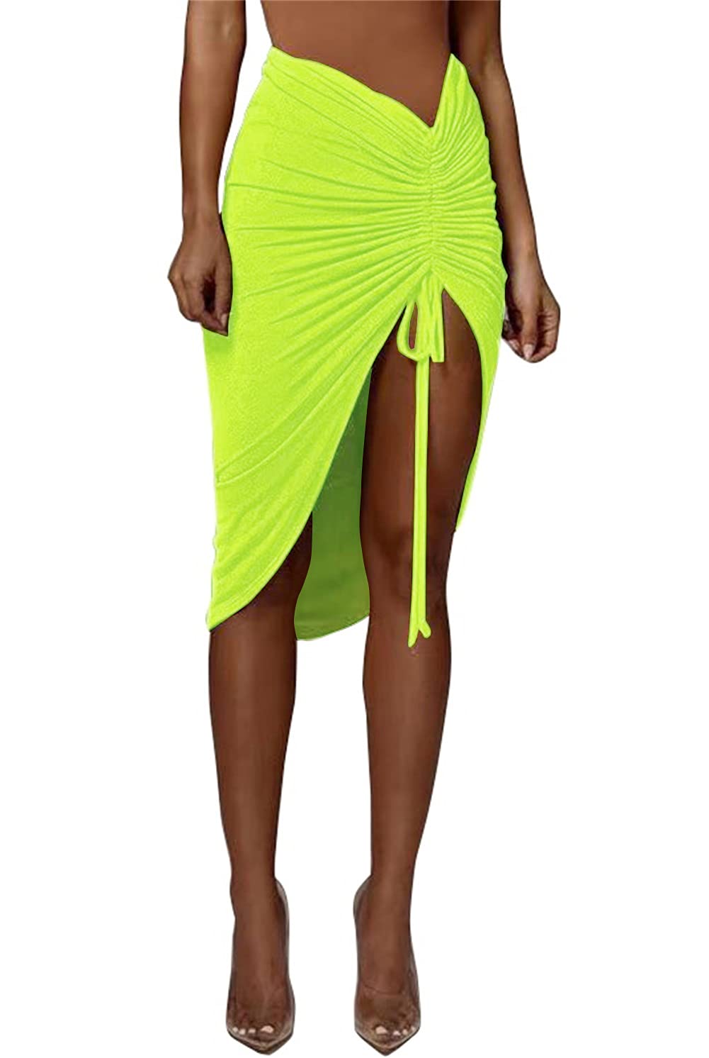 PRIMODA Women's Asymmetrical Bodycon Drawstring Ruched Midi Skirt with Thigh High Slit