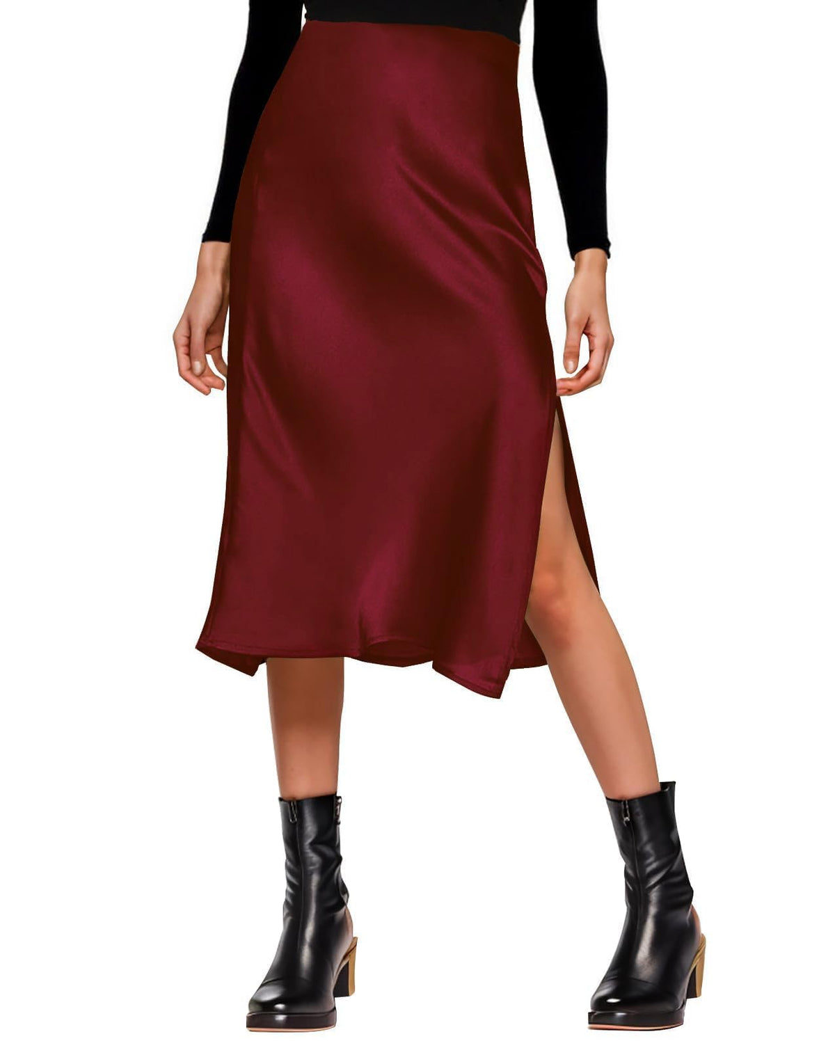 Amy Babe Womens Satin Silk High Waist Slit Midi Skirt Long Skirts for Women