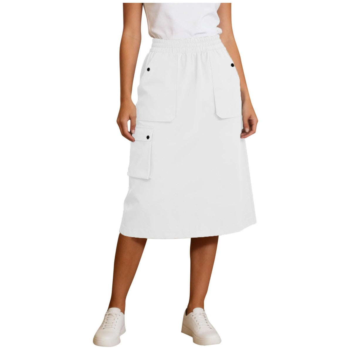 Women's Cargo Midi Skirt Elastic High Waist Utility Work Office Skirts with Multi-Pockets Loose A-Line Casual Outdoor
