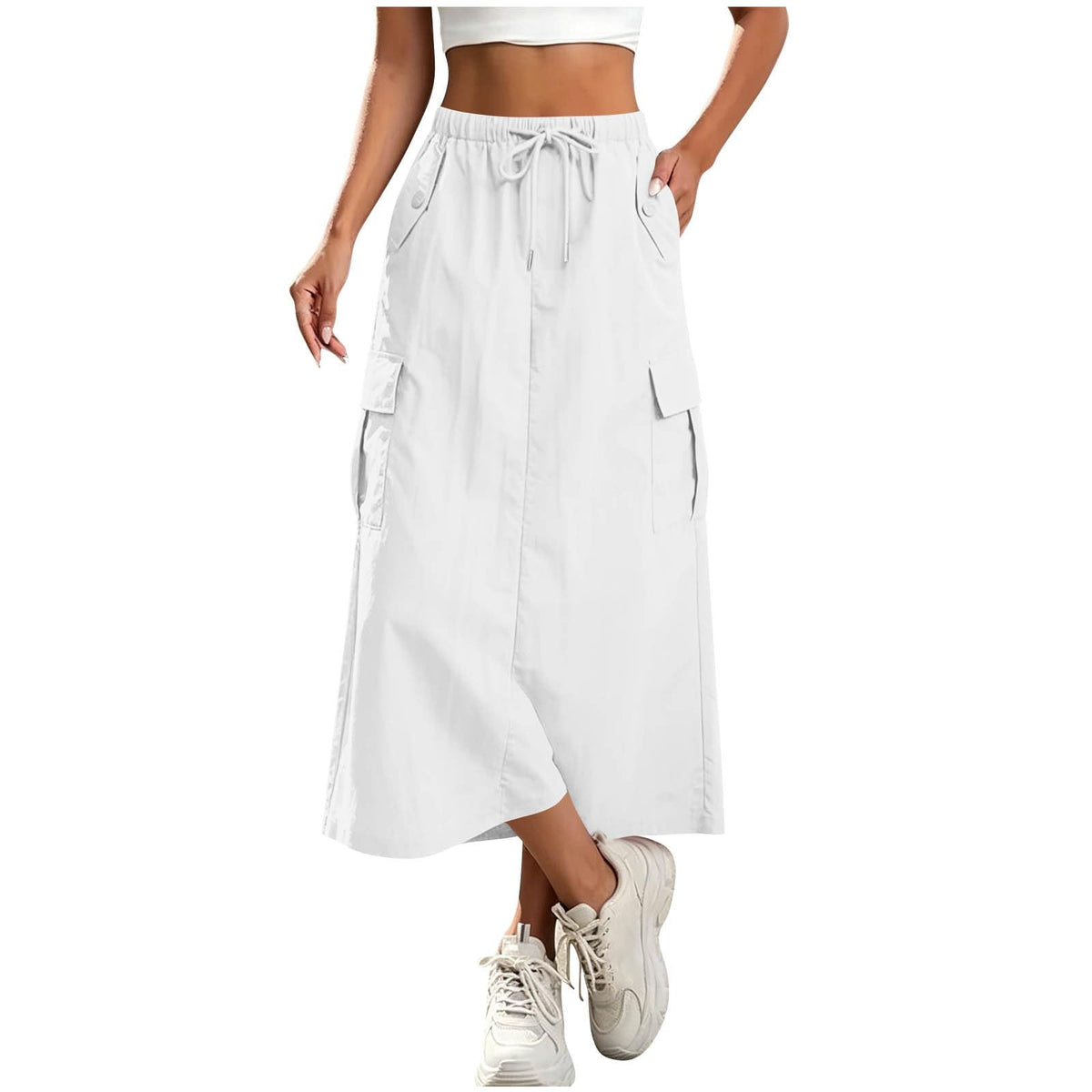 Women's Cargo Skirts Elastic Waist Drawstring Utility Midi Skirt with Multi-Pockets Casual Trendy Streetwear Skirts