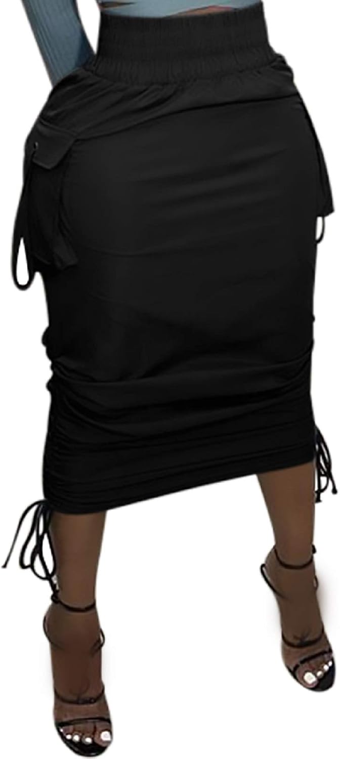Voghtic Women’s Cargo Drawstring Ruched High Waist Pencil Long Skirt