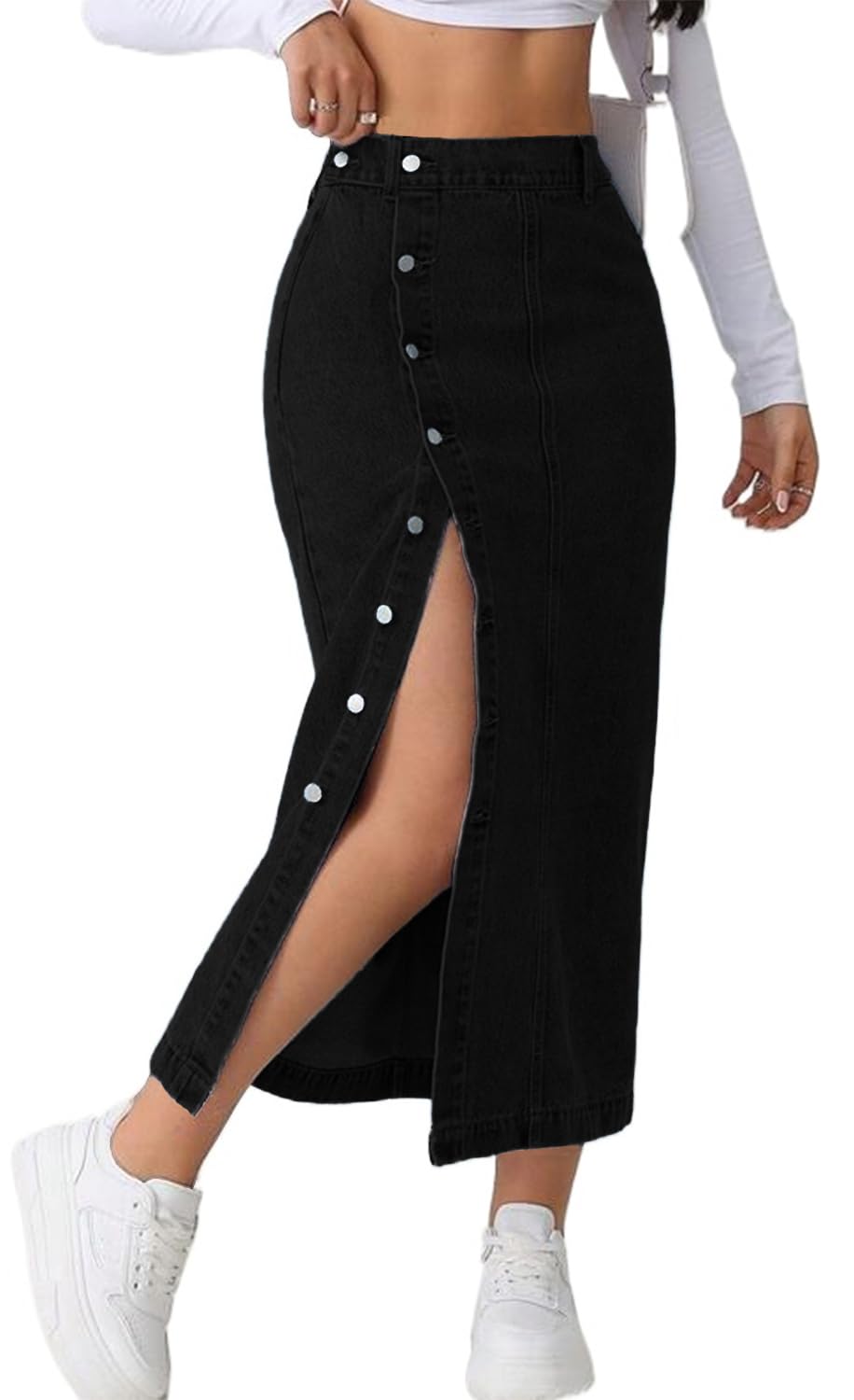 CaniBtr Women's Casual Slit Denim Midi Jean Skirt Stretch with Pockets