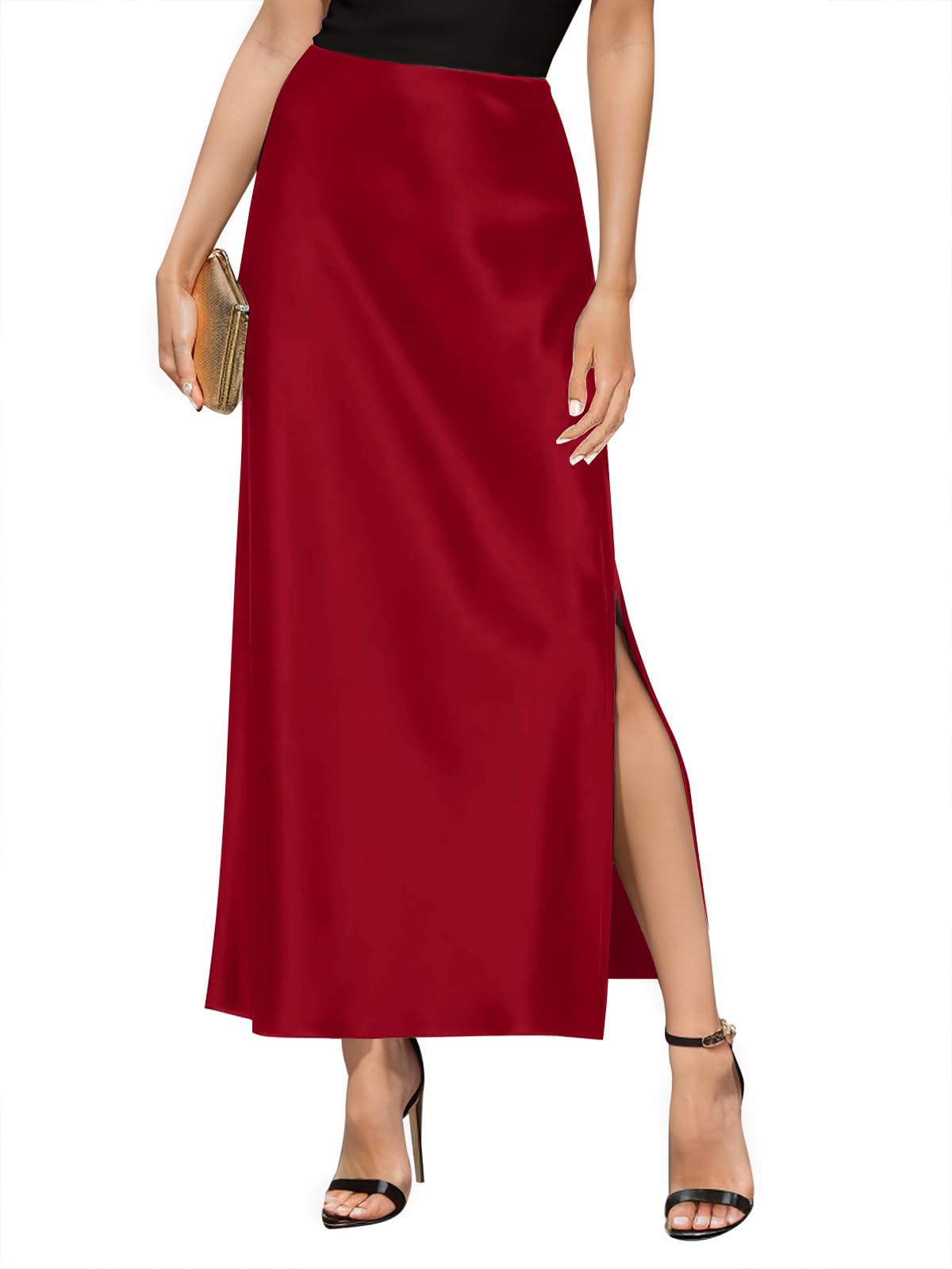 Amy Babe Women's Satin High Waisted Side Split Maxi Skirt Long Silk Skirts