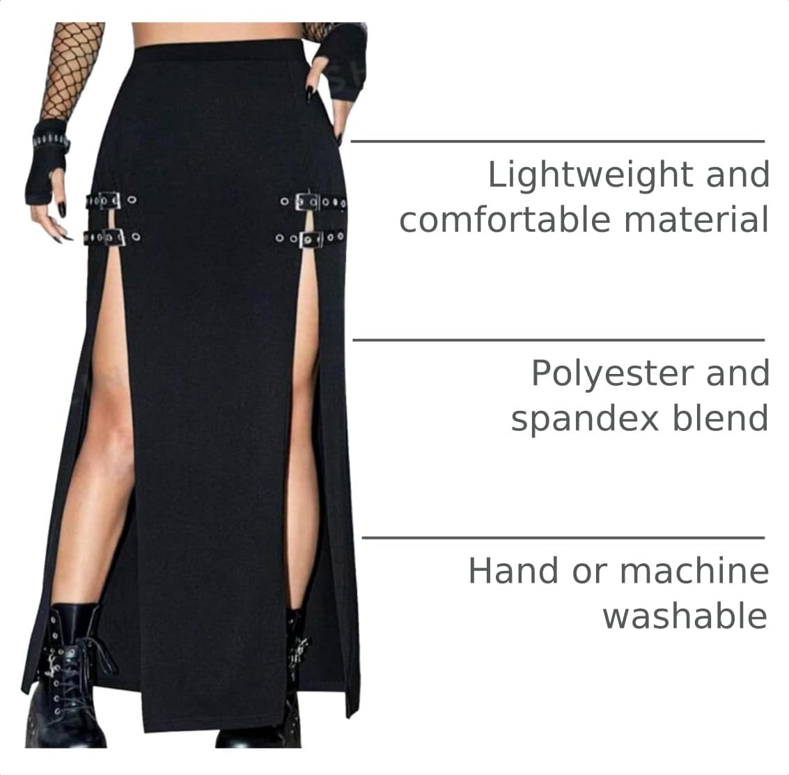Black Punk Gothic Rave Maxi Skirts with Double Buckle Split for Women Long Goth High Waist Club Party Slit Skirt