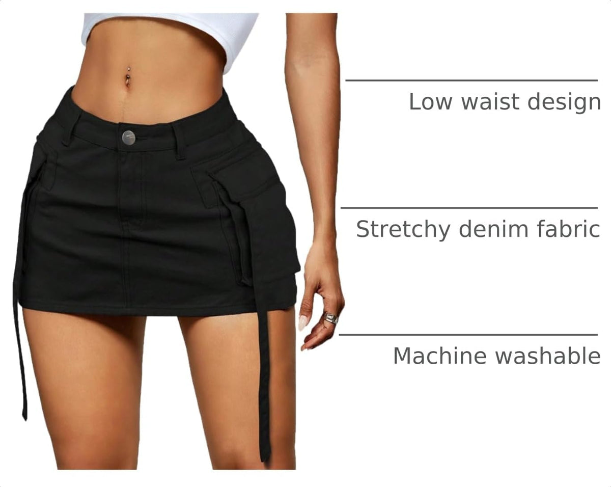 LOLILRSD Women Cargo Skirt Denim Mini Low Waist Y2K Jean Skirt with Pockets