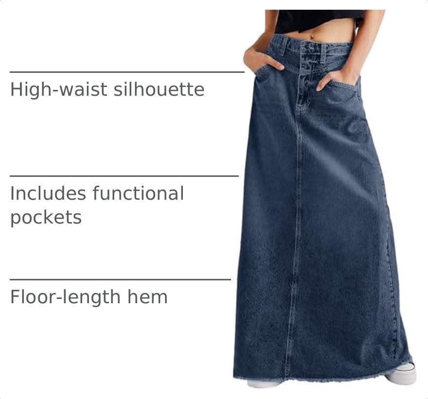 CHARTOU Women Vintage Denim Maxi Skirt Frayed Raw Hem High Waist A-Line Long Jean Skirt