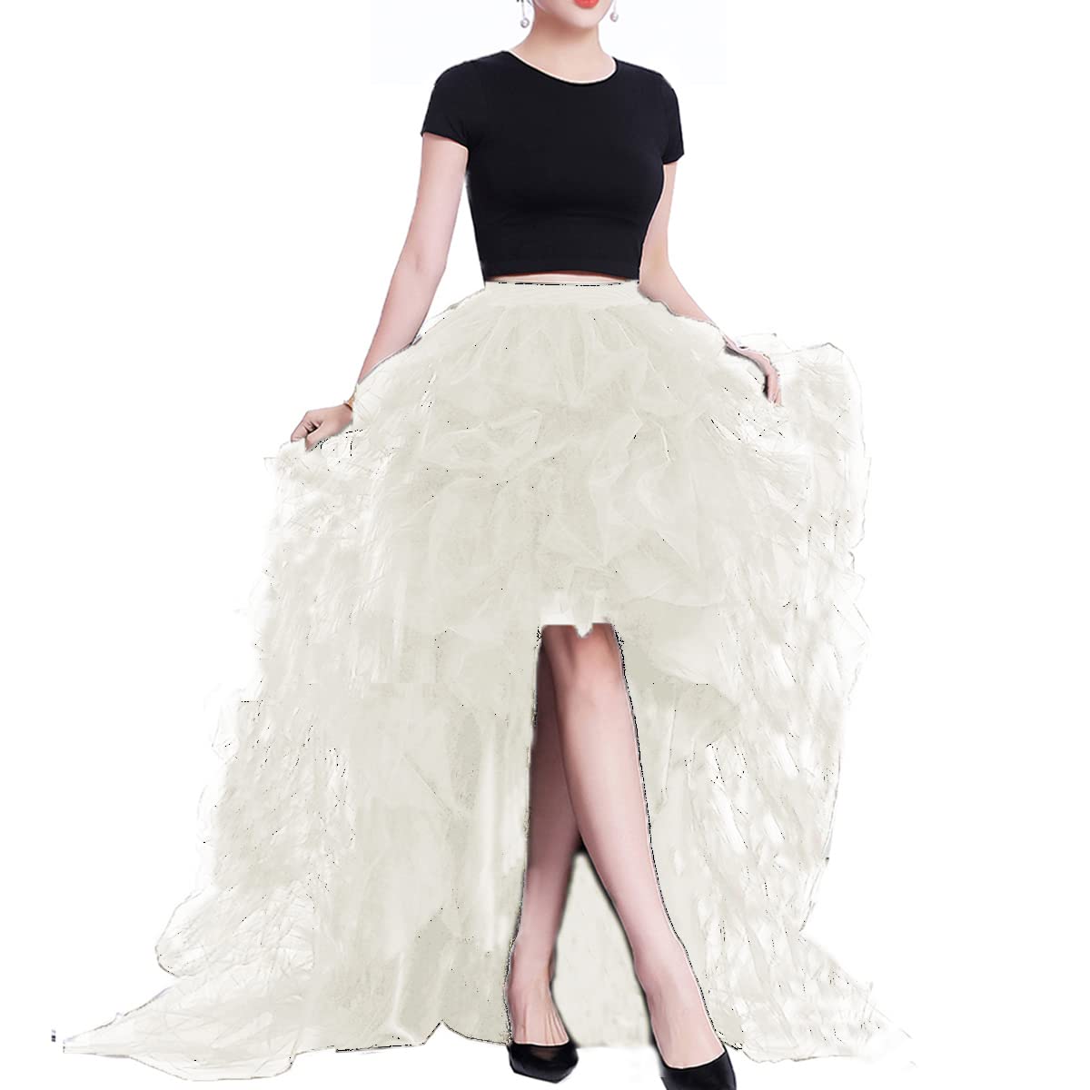 Lisong Women High Waist High Low Layered Tulle Floor Length Spectial Occasion Skirt