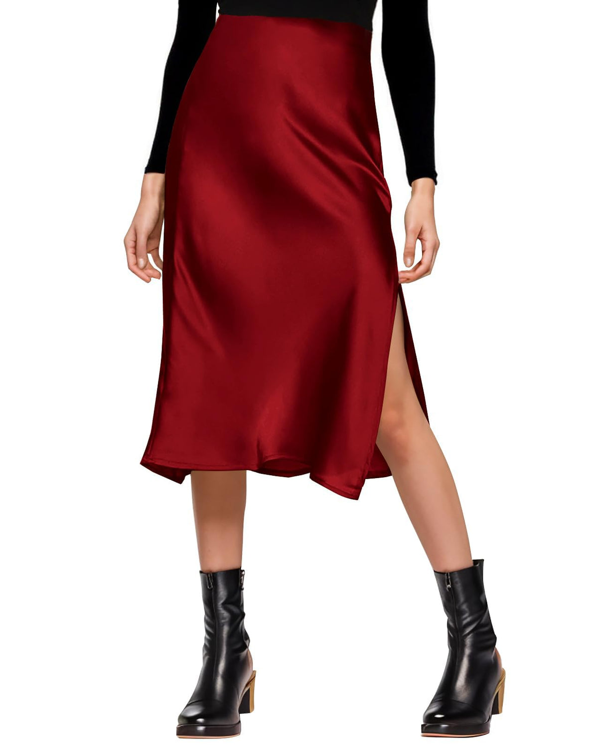 Amy Babe Womens Satin Silk High Waist Slit Midi Skirt Long Skirts for Women