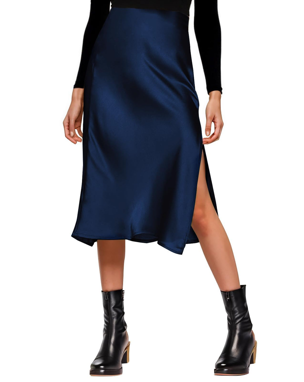 Amy Babe Womens Satin Silk High Waist Slit Midi Skirt Long Skirts for Women