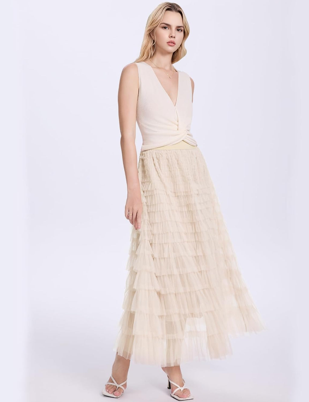 Flygo Women Long Maxi Tiered Tulle Skirts A Line Ruffle Layered Fairy Skirt