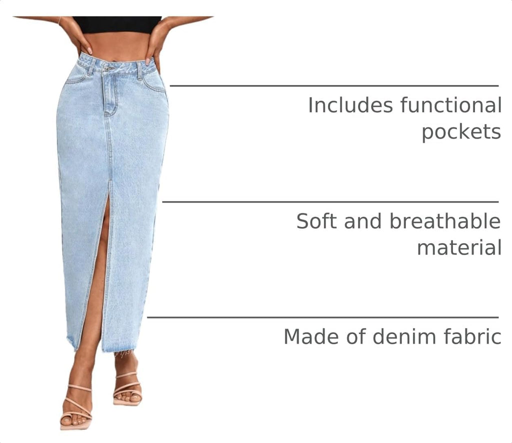Women's High Waist Stretch Maxi Denim Skirt Front Split Frayed Raw Hem A line Casual Long Jean Skirt