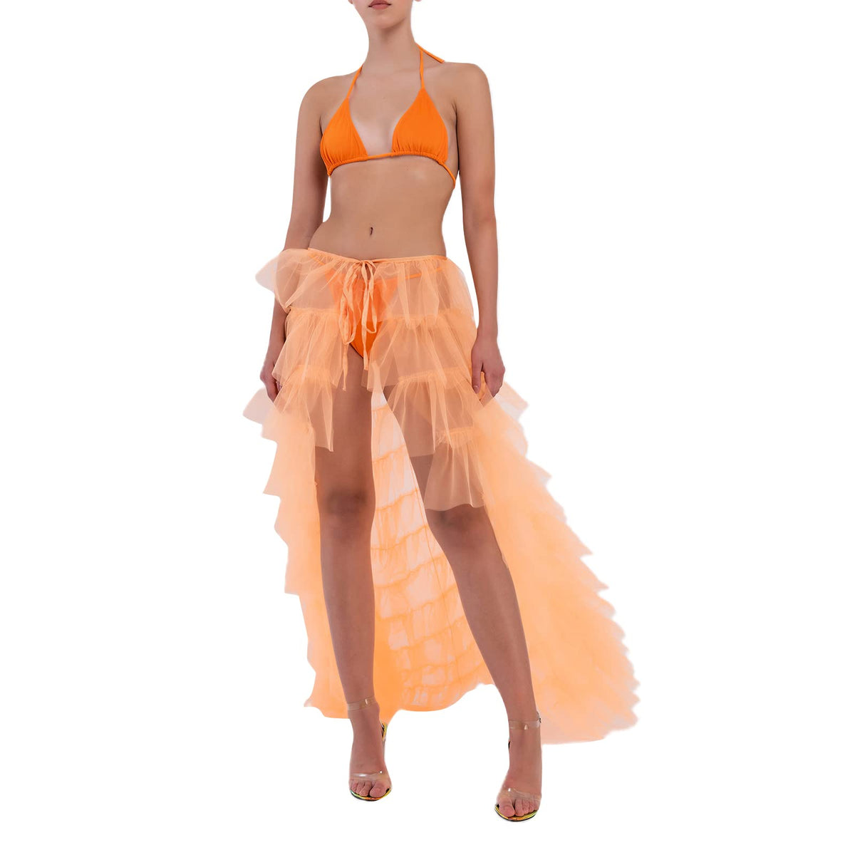 Women Y2k High Low Tulle Skirt Self-Tied Mesh Ruffle Layered See-Through Floor-Length Cocktail Prom Party Skirt