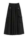ebossy Women's Vintage Cotton Drawstring Elastic Waist Multi-Pockets Utility Pencil Long Cargo Skirts