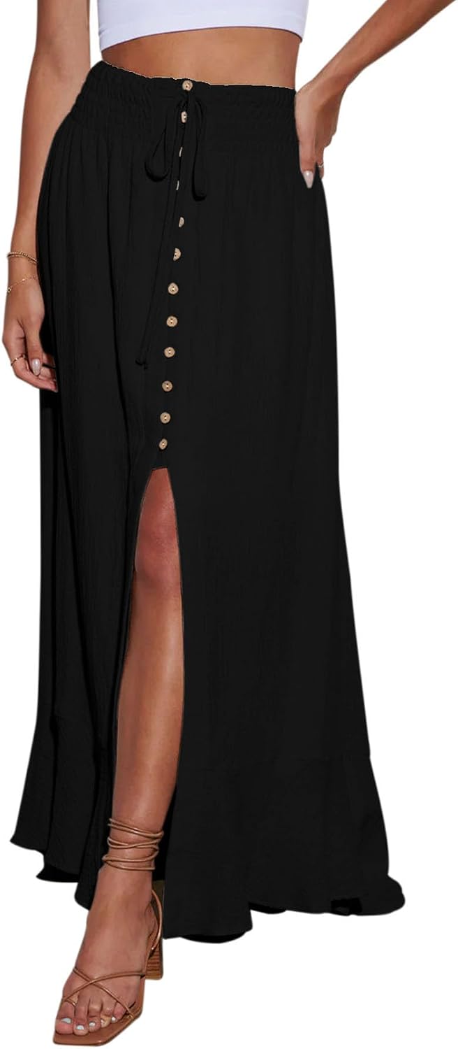 Minclouse Women's Elastic Tie Waist Button Down Maxi Skirts Casual Loose Flowy Swing Slit Front Dress