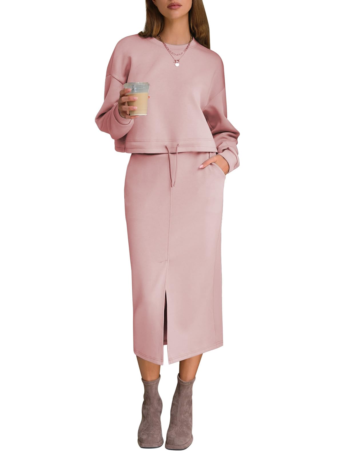 EXLURA Women Fall 2 Piece Skirts Set with Pockets Trendy Matching Outfit