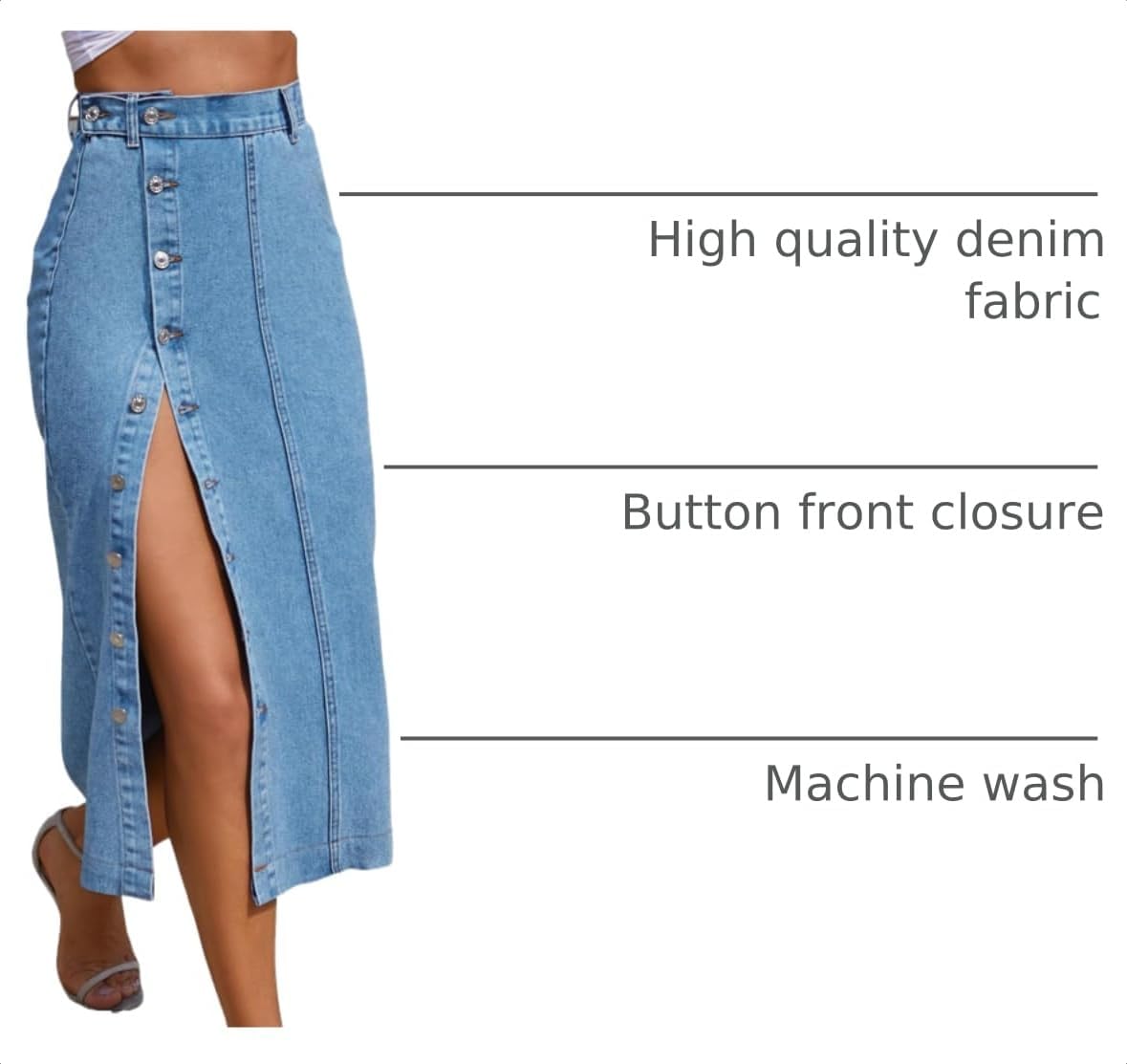 Trendy High Waisted Denim Skirt for Women Button Front Slit Midi Skirt for Ladies Fashion 2025 Summer