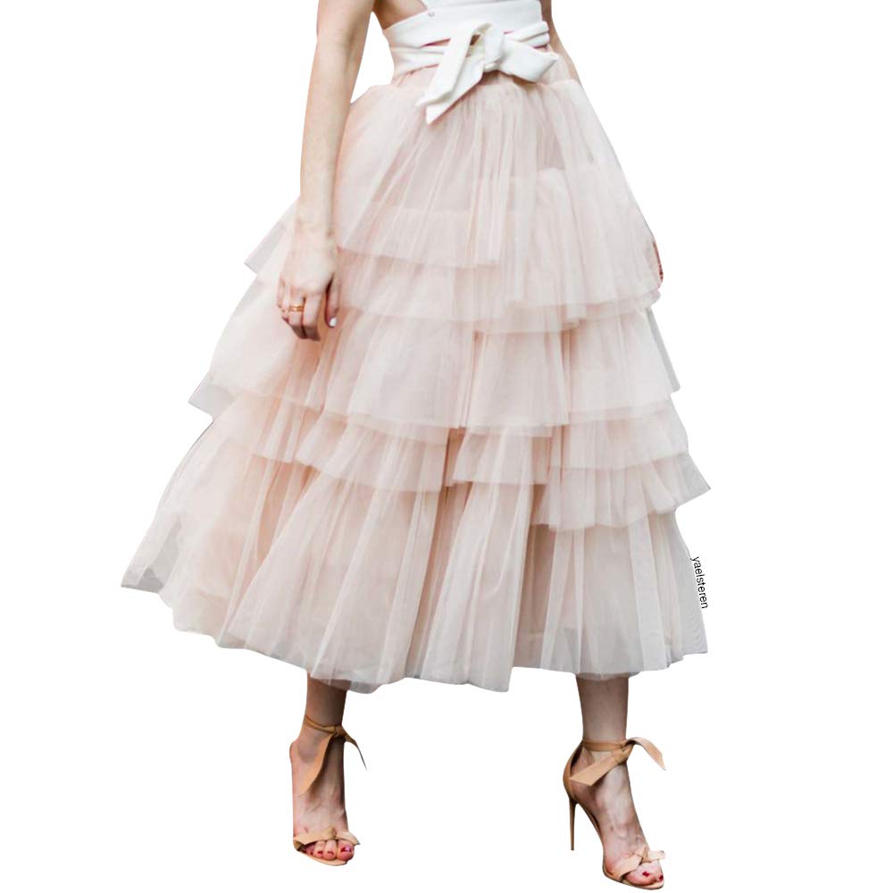 CHICWISH Women's Nude Pink/Black Tiered Layered Mesh Ballet Prom Party Tulle Tutu A-line Midi Skirt