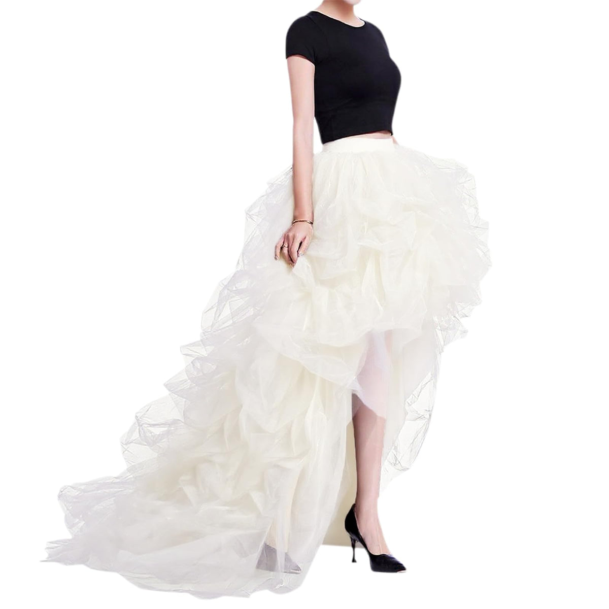 WDPL Women’s High Low Ruffled Tulle Skirt, Long Back Hem for Party Evening
