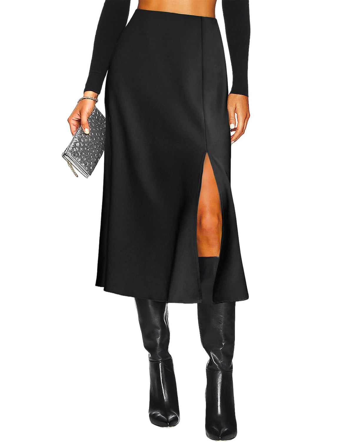 Women's Slit Satin Midi Skirt High Waisted Leopard Silk Long Skirts
