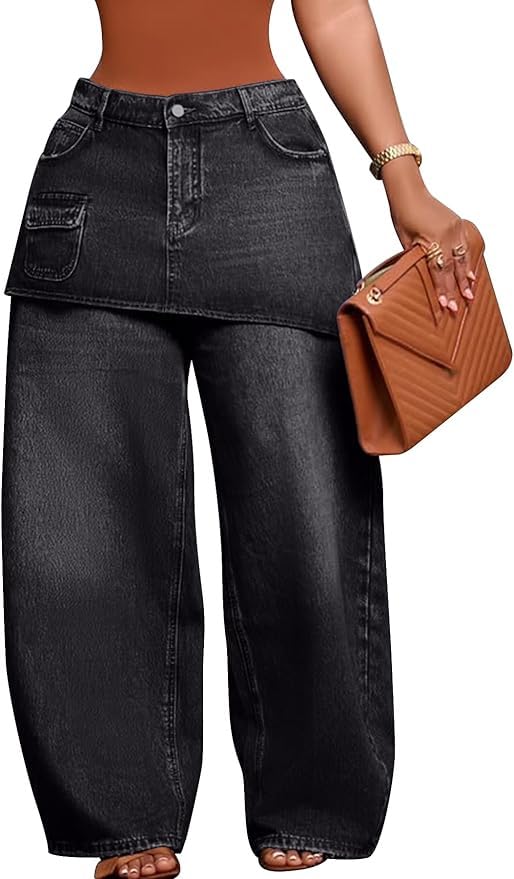 Unybwonn Womens Baggy Cargo Jeans Cowboy Long Skirt Pants with Pockets