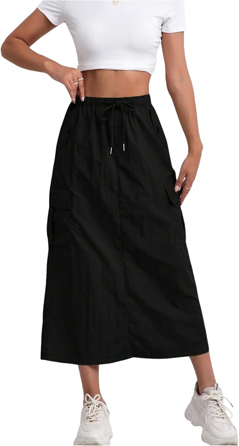 SweatyRocks Women's Y2K Long Cargo Skirt Split Drawstring Waist Casual A Line Skirts with Pockets