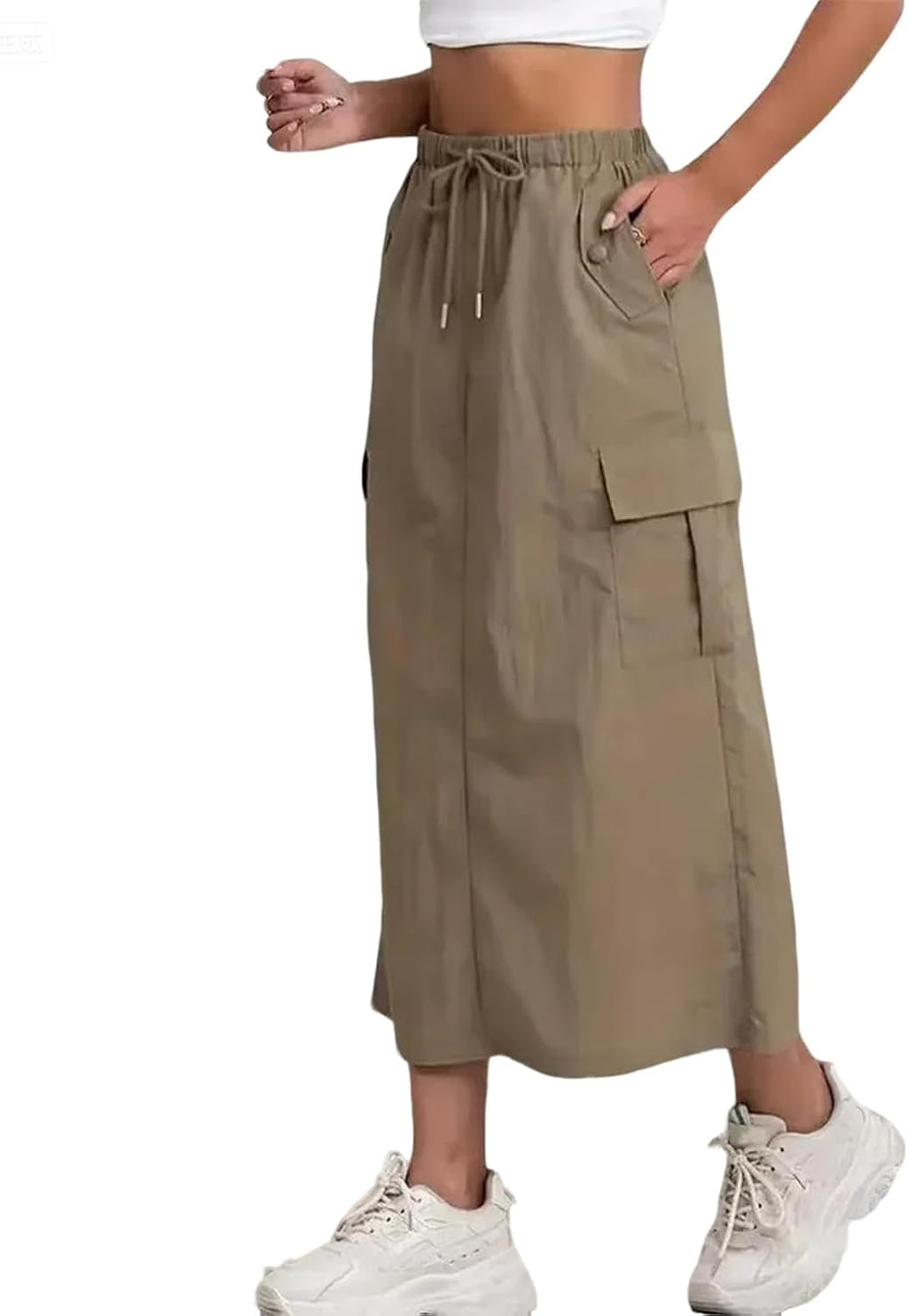 Womens Cargo Skirt High Waisted Drawstring Quick Dry Maxi Skirt Trendy Back Slit A Line Long Skirts Summer Skirts