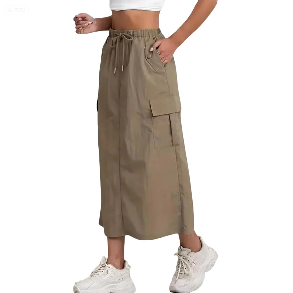 Womens Cargo Skirt High Waisted Drawstring Quick Dry Maxi Skirt Trendy Back Slit A Line Long Skirts Summer Skirts