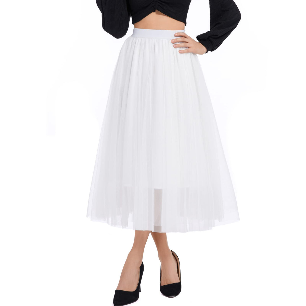 Women’s Tulle Skirts Midi Elastic High Waist Pleated Mesh Flowy A-Line Party Long Tutu Skirts…