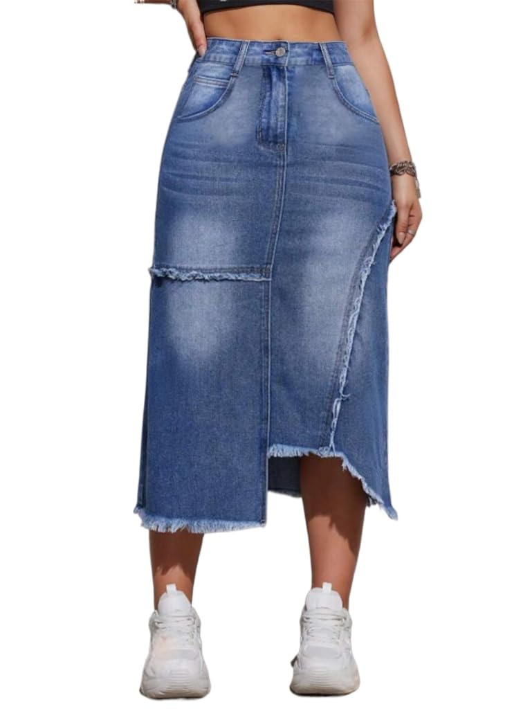 CaniBtr Women's Casual Slit Denim Midi Jean Skirt Stretch with Pockets