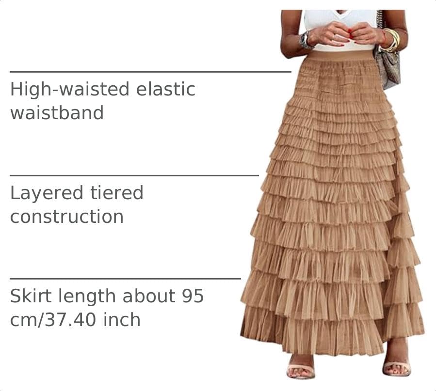 Flygo Women Long Maxi Tiered Tulle Skirts A Line Ruffle Layered Fairy Skirt