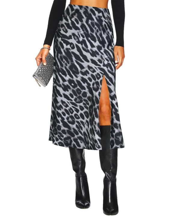 Women's Slit Satin Midi Skirt High Waisted Leopard Silk Long Skirts