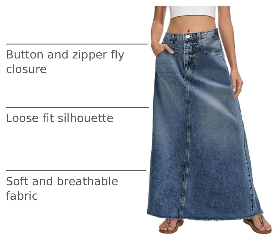 Fisoew Women's Vintage Denim Maxi Skirt Casual High Waist A-Line Frayed Hem Long Jean Skirt with Pockets