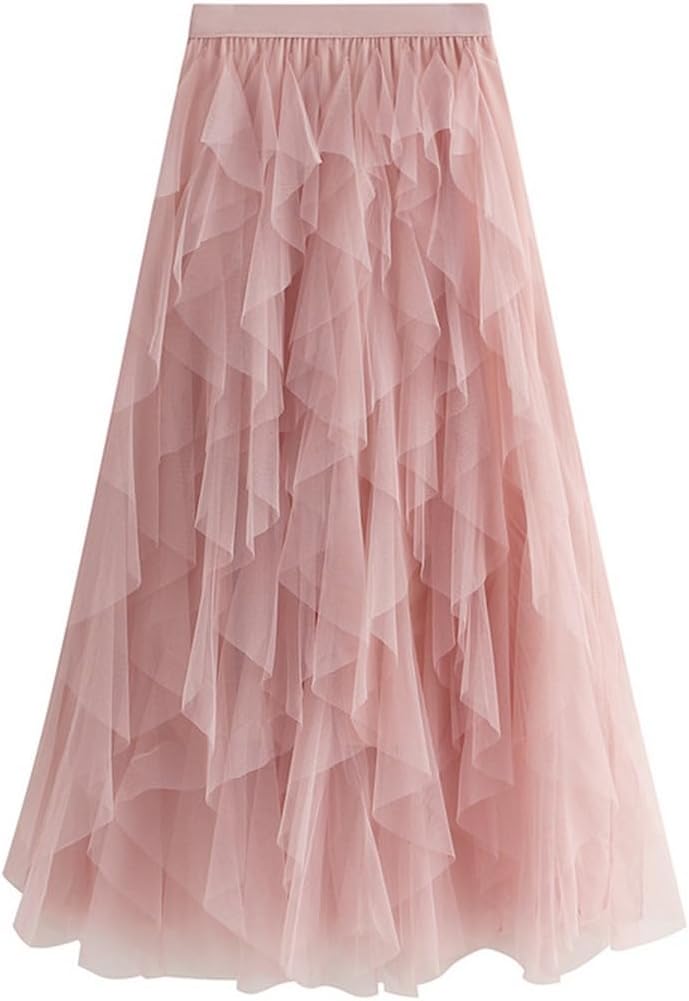 Womens One Size Skirt Mesh Layered Hem Fluffy Multilayer Tiered Puffy Ruffles Tulle (Midi Pink)