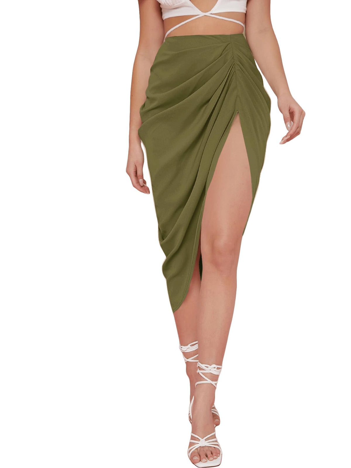WDIRARA Women's Split Front Satin Skirts High Waist Ruched Wrap Skirt