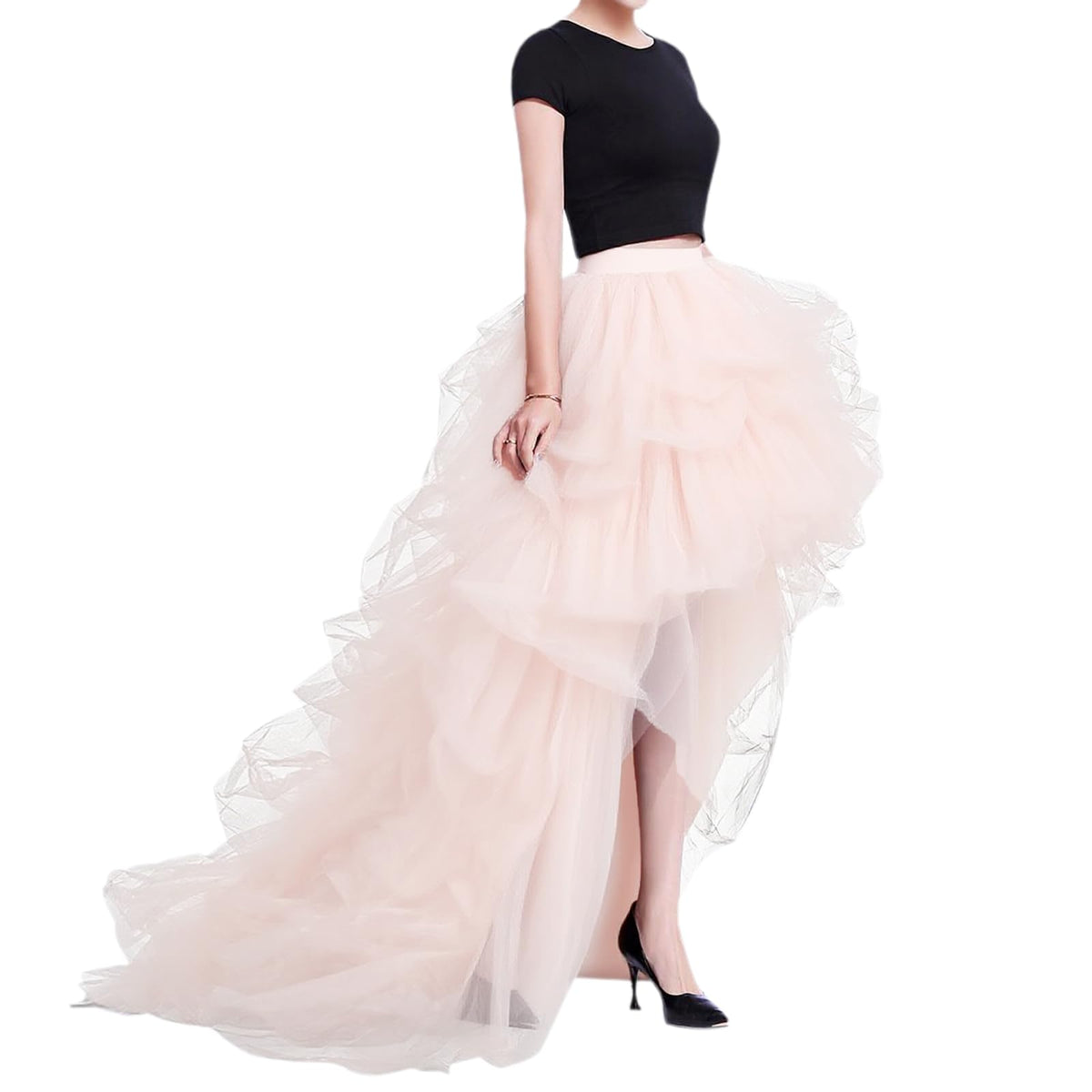 WDPL Women’s High Low Ruffled Tulle Skirt, Long Back Hem for Party Evening