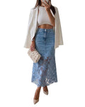 CHICME Denim Midi Skirt for Women Guipure Lace Spliced Jean Skirt