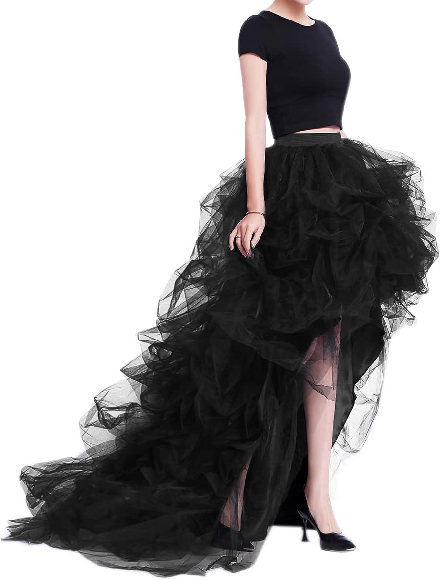 WDPL Women’s High Low Ruffled Tulle Skirt, Long Back Hem for Party Evening