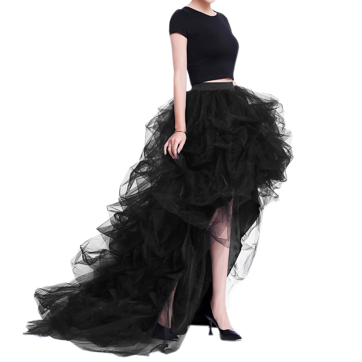 WDPL Women’s High Low Ruffled Tulle Skirt, Long Back Hem for Party Evening