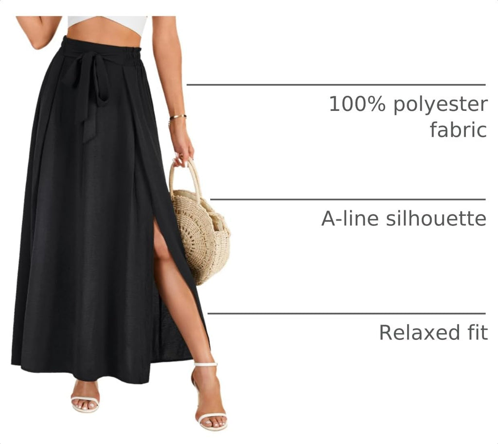 LYANER Women's Tie Front Pleated A Line Skirt High Waist Flowy Boho Maxi Dress with Slit Dressy Outfit