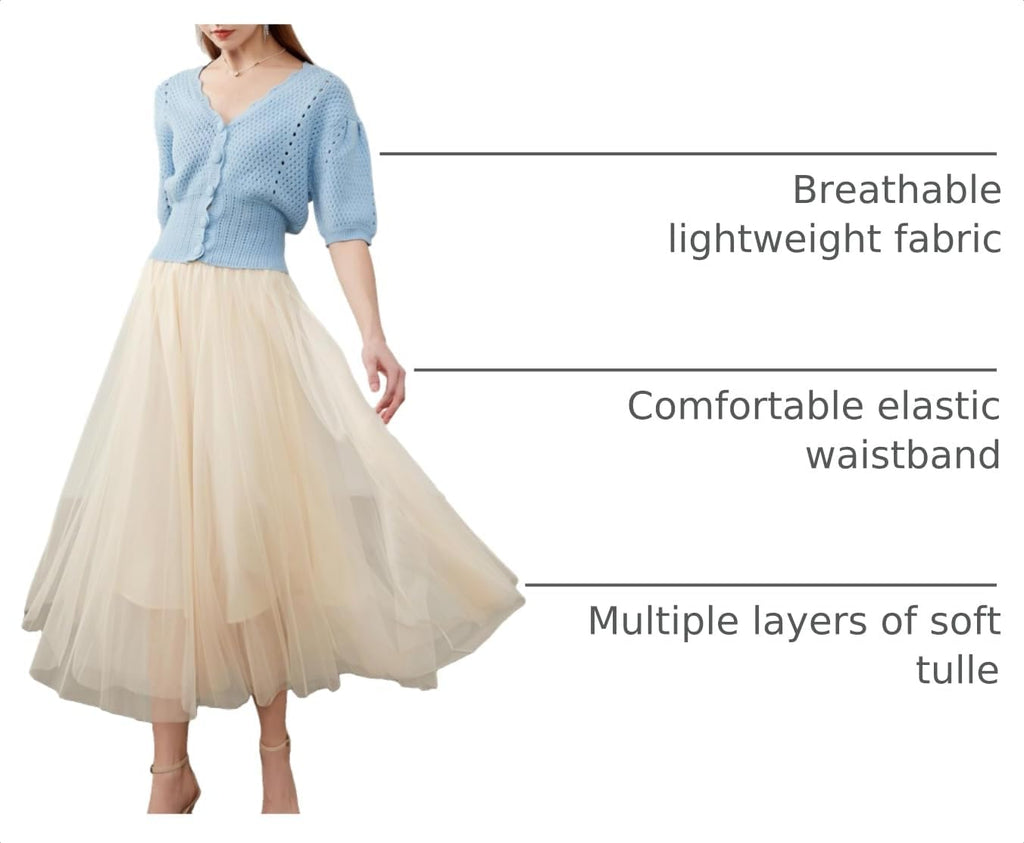 Women’s Tulle Skirts Midi Elastic High Waist Pleated Mesh Flowy A-Line Party Long Tutu Skirts…