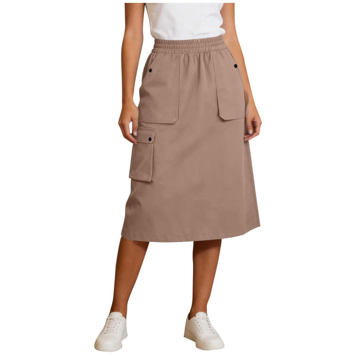 Women's Cargo Midi Skirt Elastic High Waist Utility Work Office Skirts with Multi-Pockets Loose A-Line Casual Outdoor