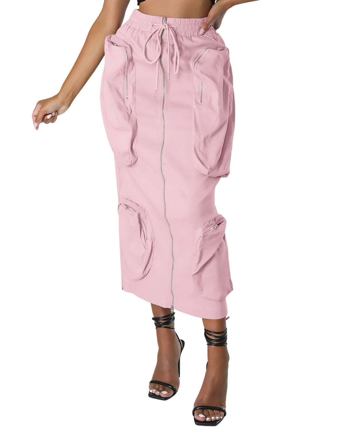 ebossy Women's Vintage 90s Drawstring Stretchy Zipper Muti-Pockets Pencil Long Cargo Skirt