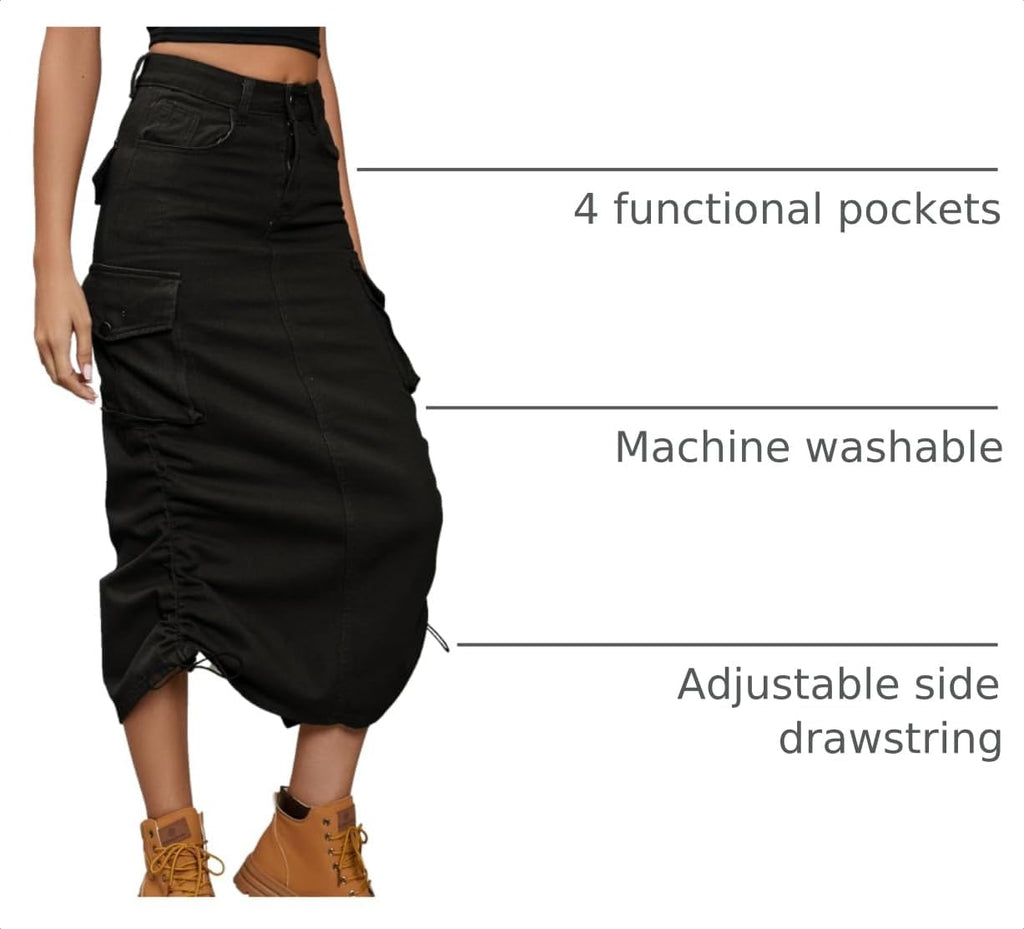 chouyatou Women's Y2K Cargo Skirt Jean Adjustable Casual A-Line Midi Long Denim Skirt