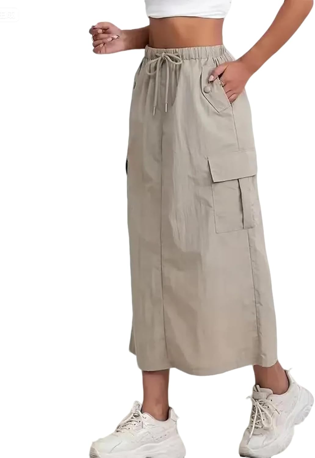 Womens Cargo Skirt High Waisted Drawstring Quick Dry Maxi Skirt Trendy Back Slit A Line Long Skirts Summer Skirts