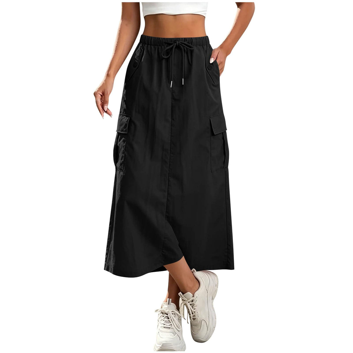 Women's Cargo Skirts Elastic Waist Drawstring Utility Midi Skirt with Multi-Pockets Casual Trendy Streetwear Skirts