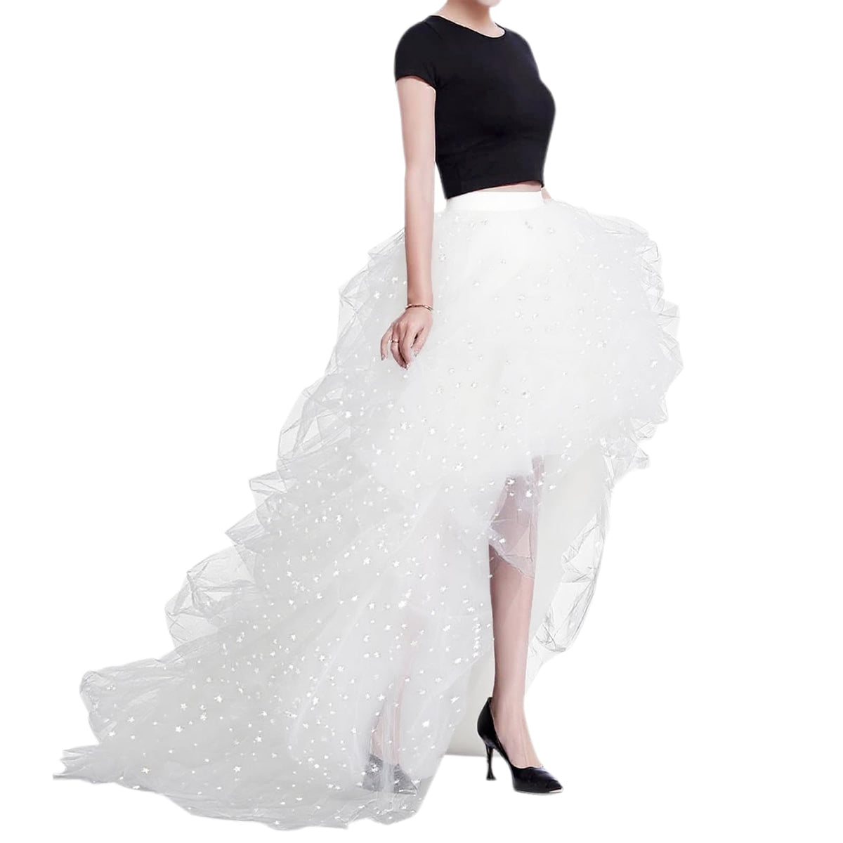 WDPL Women’s High Low Ruffled Tulle Skirt, Long Back Hem for Party Evening
