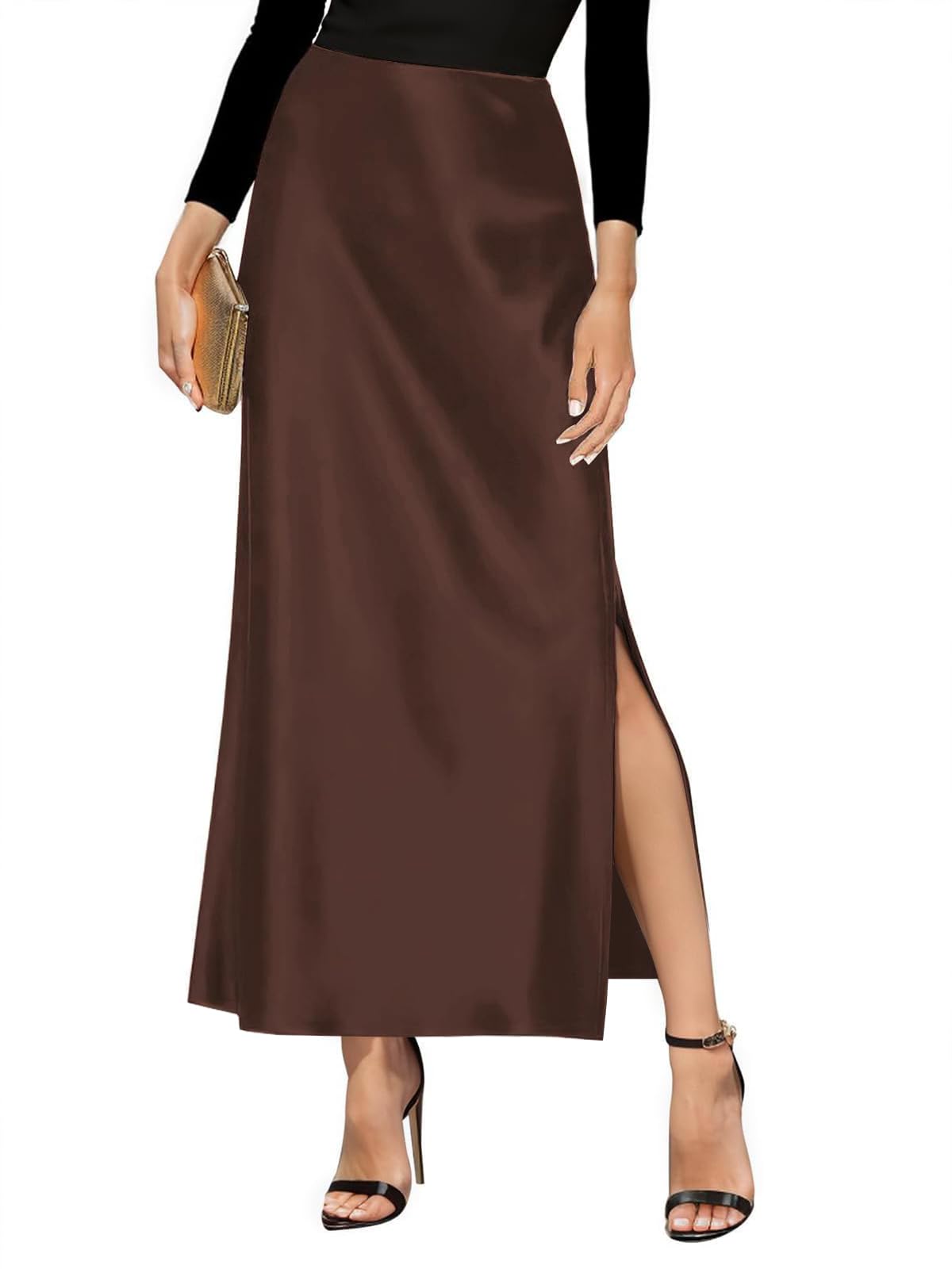 Amy Babe Women's Satin High Waisted Side Split Maxi Skirt Long Silk Skirts