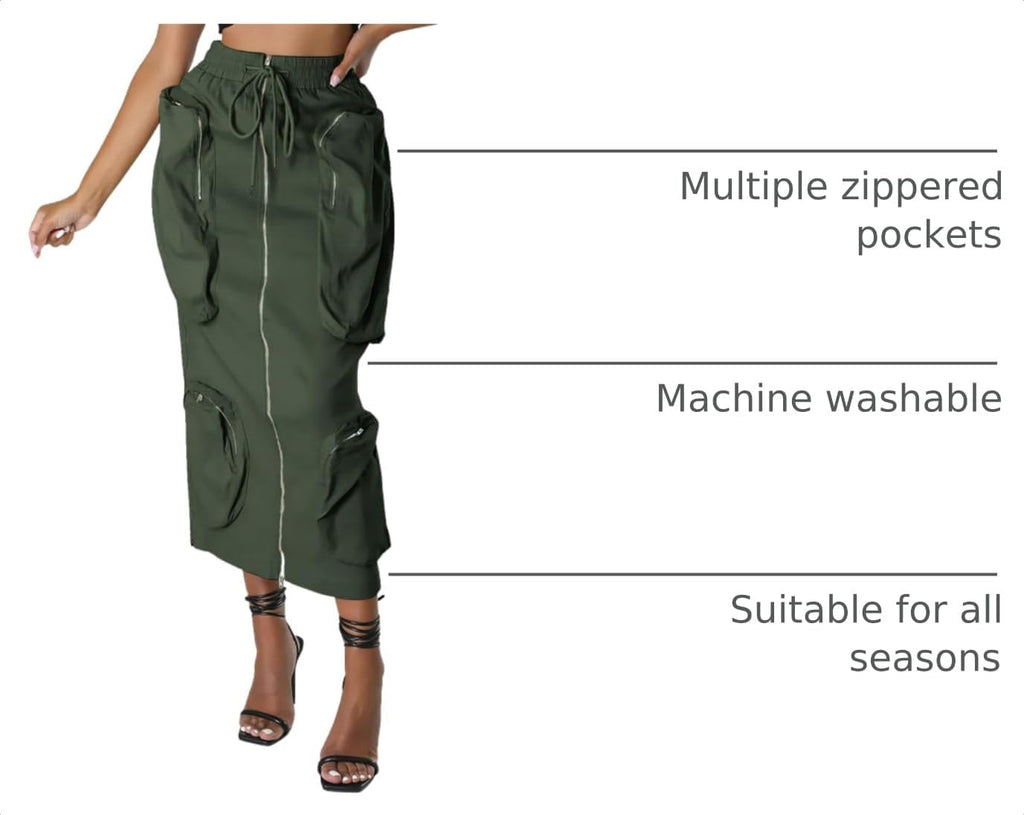 ebossy Women's Vintage 90s Drawstring Stretchy Zipper Muti-Pockets Pencil Long Cargo Skirt