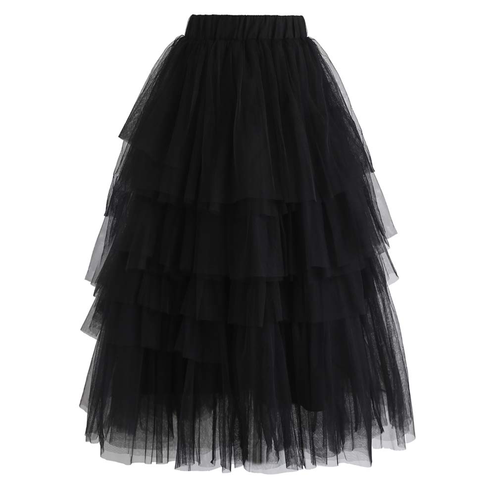 CHICWISH Women's Nude Pink/Black Tiered Layered Mesh Ballet Prom Party Tulle Tutu A-line Midi Skirt